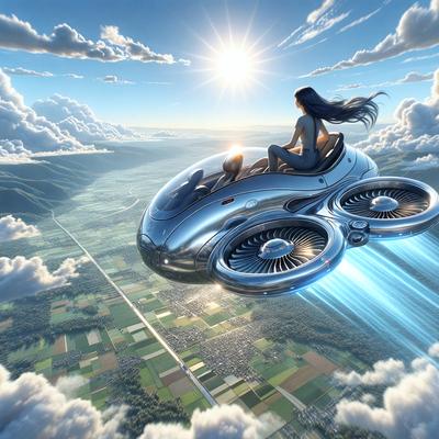 The primary subject of the image is a woman sitting in a silver, jet-like airplane. The airplane is flying through a cloudy sky, and the woman appears to be enjoying her flight. The setting is a cloudy sky, and the visual style is digital art. The colors in the image are predominantly silver and blue, creating a calm and serene atmosphere.